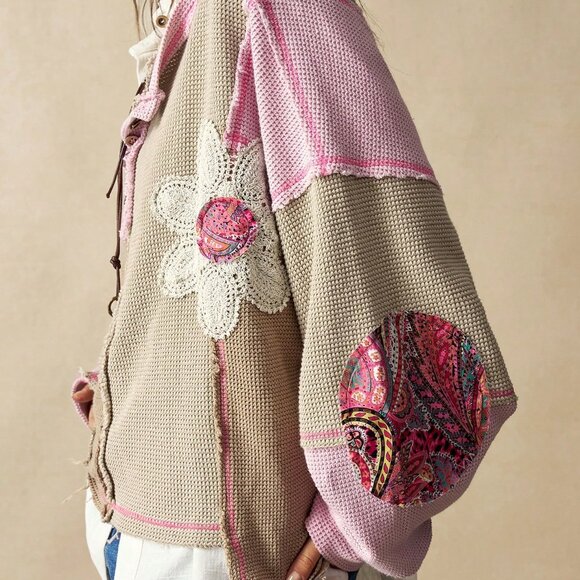 Multicolor Casual Women's Knit Color Block Loose Fit Sweatshirt - Picture 6 of 7